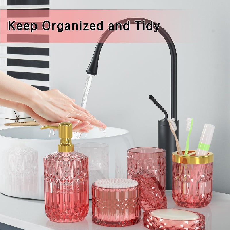 QIQU New Pink Bathroom Accessories Set  5 Pcs Clear Glass Bathroom Accessories Sets with Lotion Soap Dispenser  Soap Dish  Toothbrush Holder  Bathroom Tumbler  Cotton Swab Jars  Perfect for Bathroom Decor - Image 3